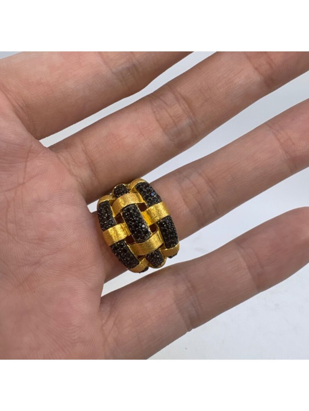 Milor Italy Black Stone Weave Ring Gold Over Sterling Silver 925 Size 6.75 - Picture 6 of 9